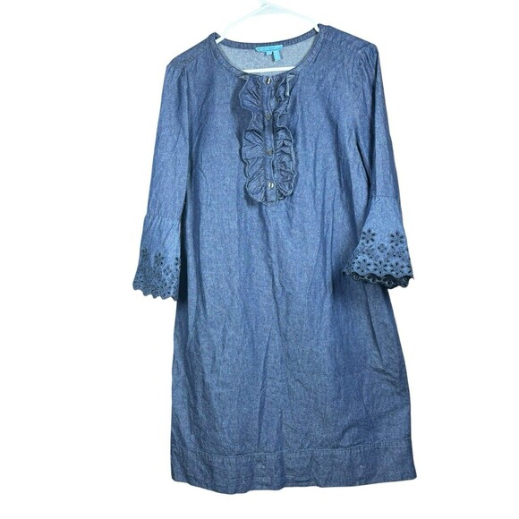 Draper James Womens Size 10 Denim Chambray Dress Ruffle Front Bell Sleeve - Picture 2 of 14